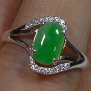 Cert'd Fine Natural Type A Emerald Jadeite Jade Oval Cabochon S925 Ring
